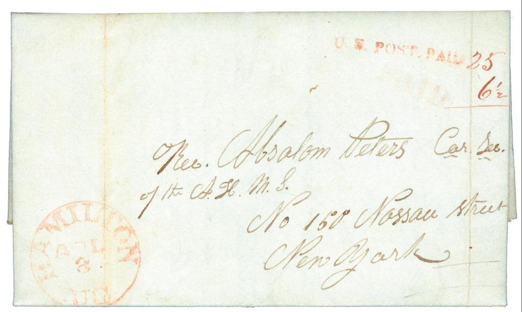 CANADA to UNITED STATES 1836 and 1837 1836 Hamilton, U.C. to New York Prepaid with the Hamilton U.