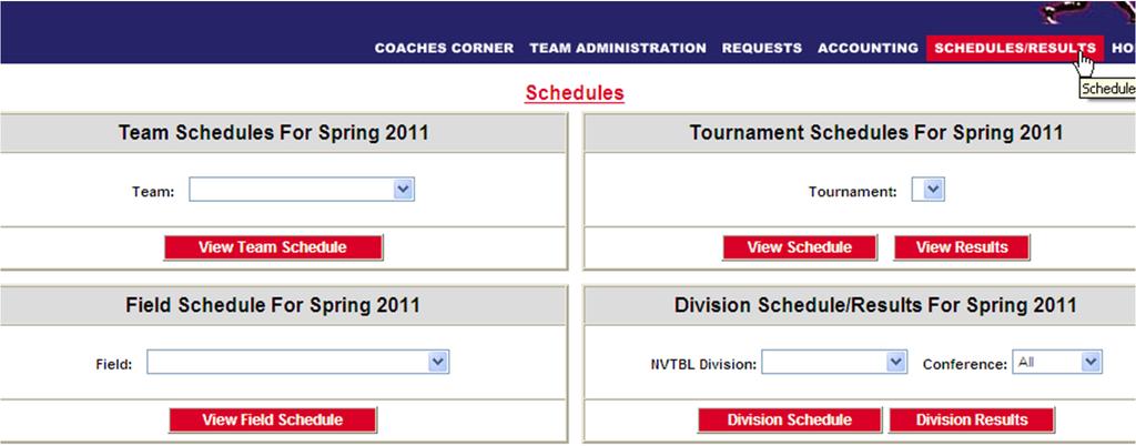 Website Features Schedules/Results once you select this, you will see the screen below.