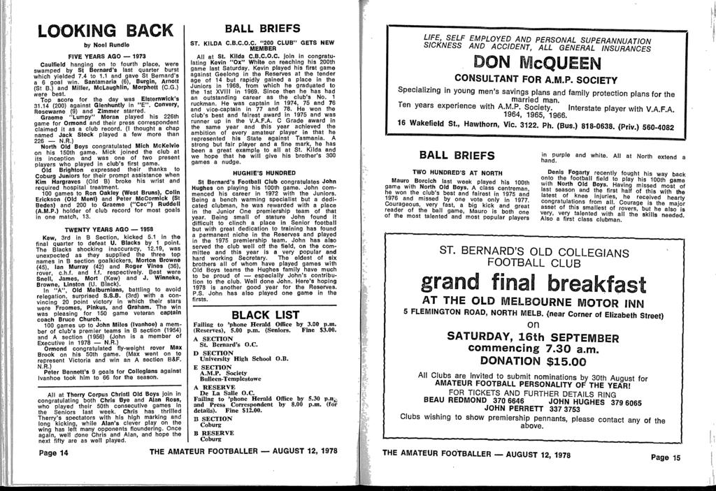 LOOKING BACK by Noel Rundle FIVE YEARS AGO - 1973 Caulfield hanging on to fourth place, were swamped by St Bernard's last quarter burst which yielded 7 4 to 1 1 and gave St Bernard's a 6 goal win