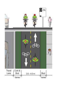 A separated bicycle lane, also sometimes referred to as a segregated bicycle lane may be separated by a buffer with hatched pavement markings or by a physical barrier such as a line of bollards, a