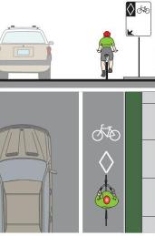 In addition to bicycle route marker signs, shared use lane markings (sharrows) may be applied to guide both motorists and cyclists on their relative positioning.