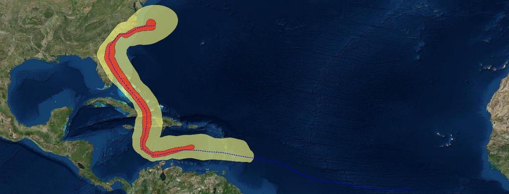 Figure 1. Hurricane Matthew track and wind velocity radii.