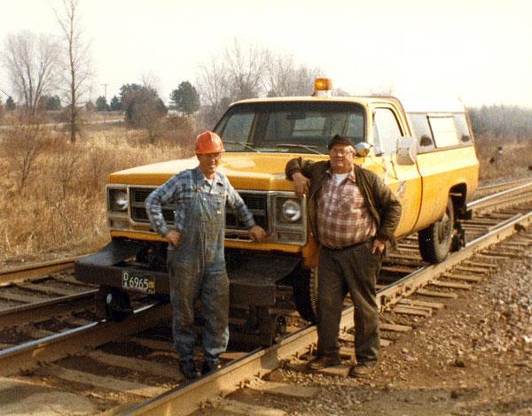 Also in March 1983; on the left is Ed Reichhoff, Signal Maintainer at Oxford, WI. He retired around 1987 and now resides at Oxford with his wife, Audrey.