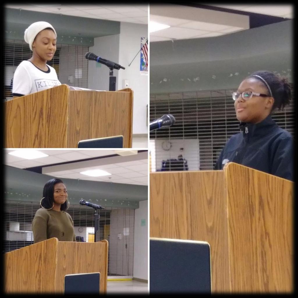Pictured clockwise from left; Cheyenne Smith, Jaslynne Thompson, and WINNER Malikah Stafford Alumni Corner: Congratulations to Derrick Parker II ( 15) who just