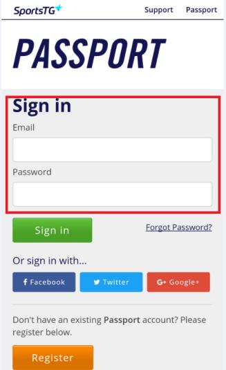 B) Login Sign in to the SportsTG Passport with your nominated email address and