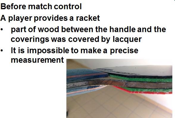 A racket that fails a thickness test using a loupe magnifier or magnifying glass will not have the result recorded under racket control in the referee report but only