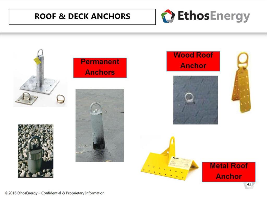 Here are some pictures of different types of anchorage devices that may be installed for roof and deck applications. You can only install these devices if you are qualified.