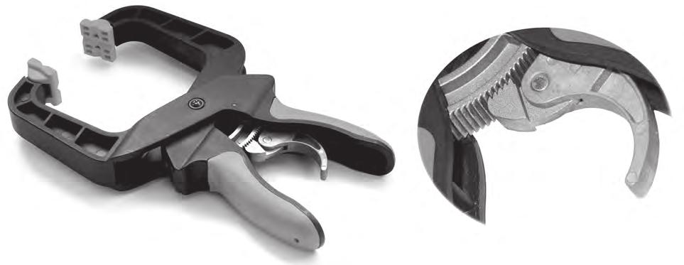 13 (d) Fig. 16 shows two views of a clamping device that uses a ratchet and pawl to hold the jaws closed.