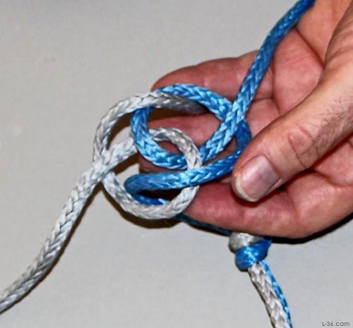Your goal is to go under the first loop and over the second. Continue with that strand and put it down through the loop of the first (blue) strand and up over its own bight.