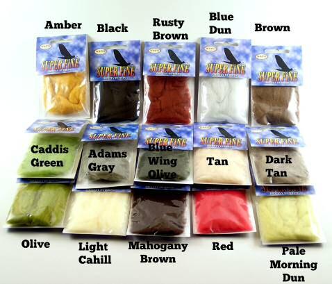 Colors Available: Email for a list of colors Bag 1g Super Sink Dubbing Super FINE DRY FLY Dubbing Colors Available: Adams Gray Amber Black Blue Dun Blue Wing Olive Brown Caddis Green Callibaetis Cinn.