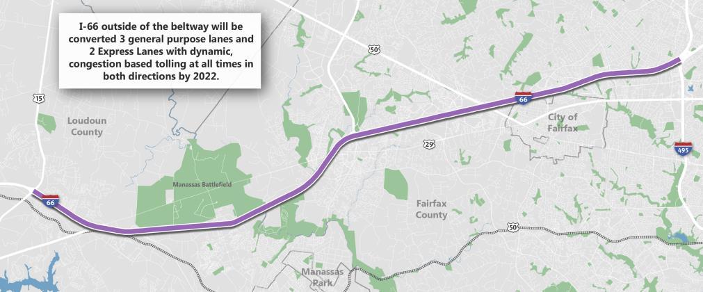 2015 CLRP Update: Additions and Changes I-66 Corridor Improvements outside the Beltway I-495 to US Route 15 in Prince William County Length: 25 miles Complete: 2022 Cost: $2-3 billion Reconfigure