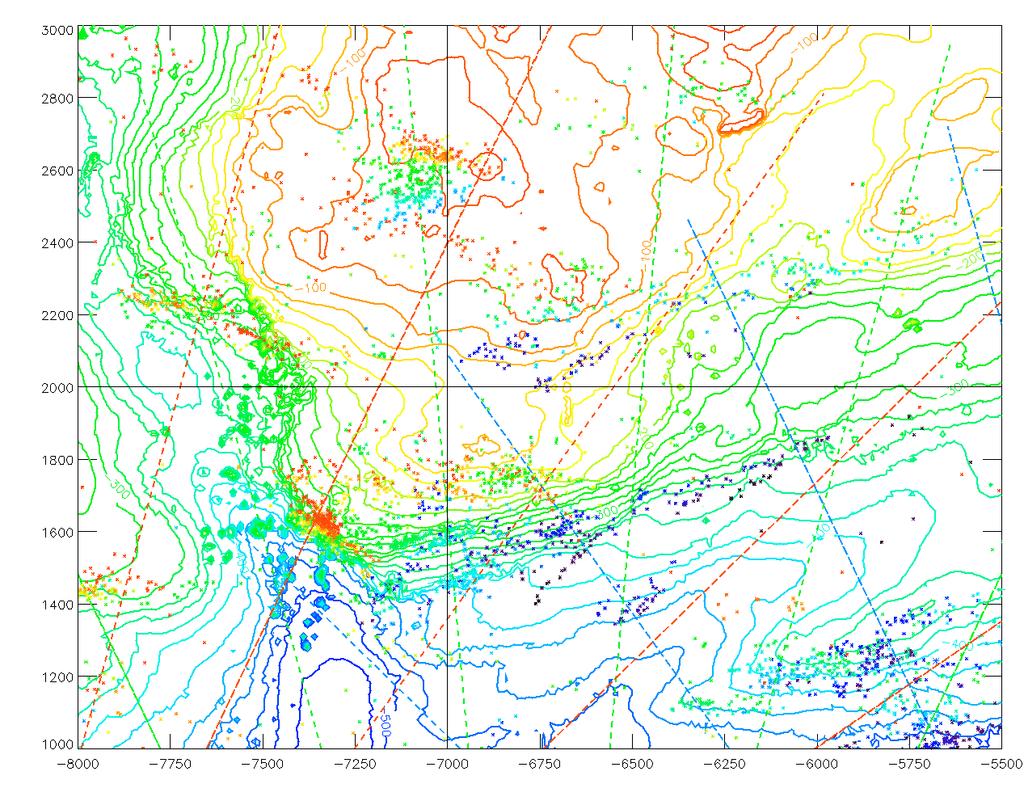 322 J. WEGGE Figure 2. Echoes from ping 300 814 proximity filtered using 50 m and 10 pings and plotted over a 10-m resolution contour map. The echoes are coloured according to their history.