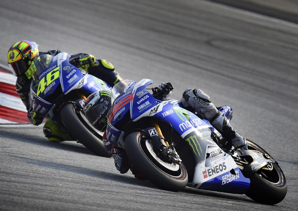 SPECTACULAR SHOWDOWN Yamaha finished the 2014 season in style: Jorge Lorenzo won at Motegi, Valentino Rossi topped an all Yamaha podium at Phillip Island, and the teammates scored their eighth double