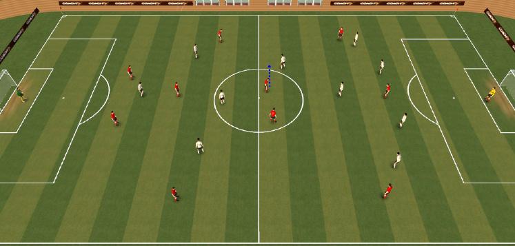 The nearest two players go to the ball, one player placing and passing the ball the other receiving and beginning the attack.
