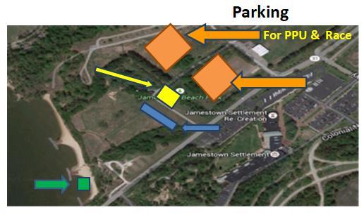 Race Site Layout Orange block is Parking Yellow block is Packet Pick Up Long Blue is Transition Area Green block is swim start/finish Parking Parking is available inside the park less than ¼ mile