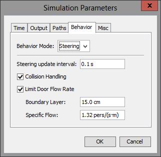 Figure 1: The simulation parameters dialog, showing settings for Steering+SFPE. 1.2 Inertia The SFPE mode supported by Pathfinder allows occupants to instantly transition between speeds without accounting for acceleration.