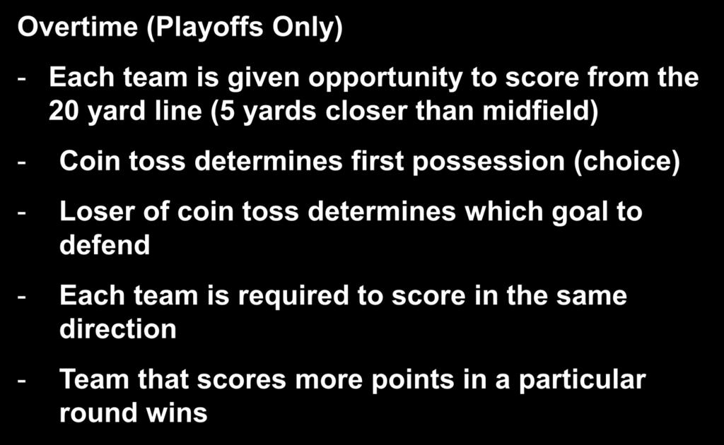 Game Clock Management Overtime (Playoffs Only) - Each team is given opportunity to score from the 20 yard line (5 yards closer than midfield) - Coin toss determines first