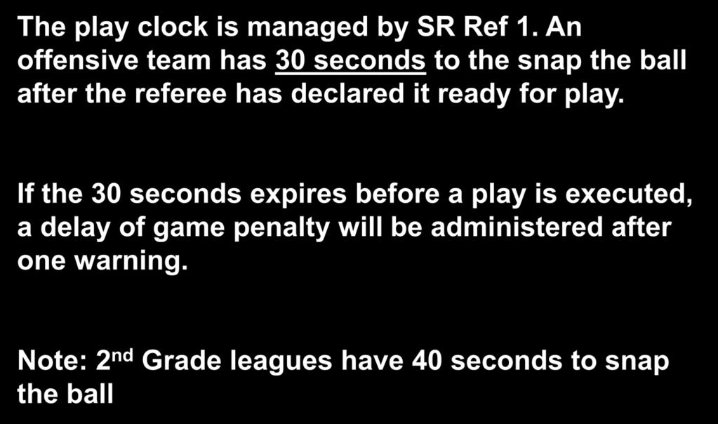 Play Clock Management The play clock is managed by SR Ref 1. An offensive team has 30 seconds to the snap the ball after the referee has declared it ready for play.