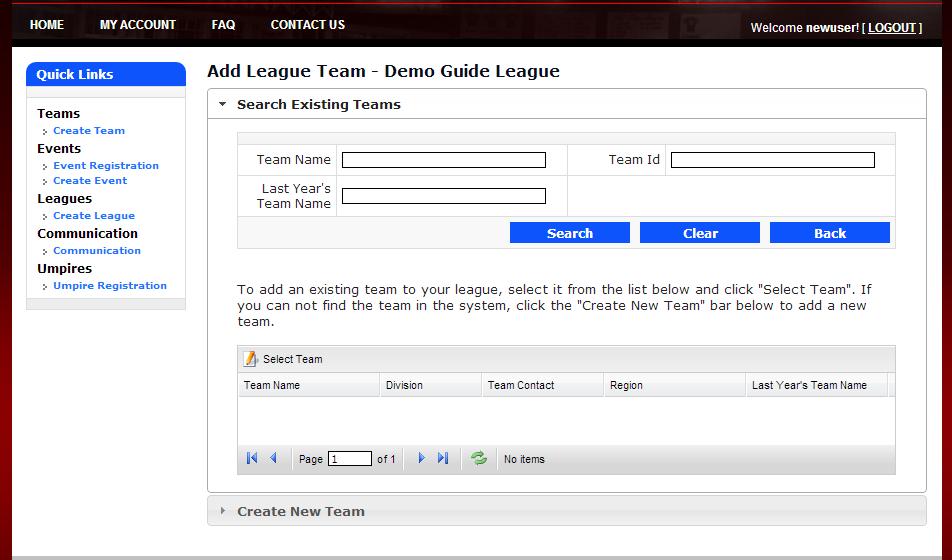 Figure 8 - Adding new League Team When adding Teams to a League it s important to search the database to see if they have already been registered with SPO.