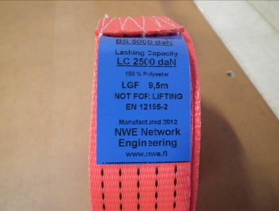 Tag for strap tells breaking strength BS, lashing capacity LC, material,