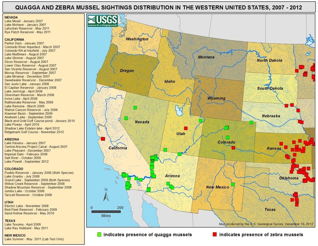The current distribution of zebra and quagga mussels in the western US. Please note that this map lists the waterbodies in the western US with known zebra or quagga mussel populations.