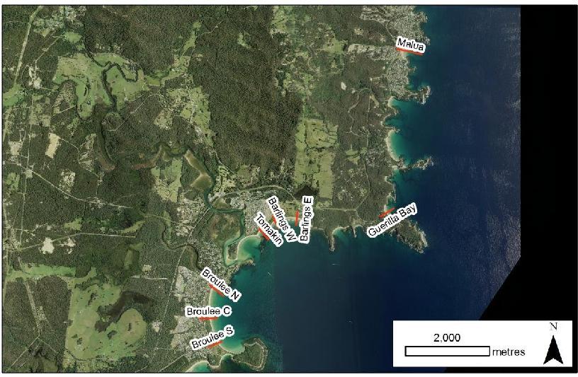 Figure D-8: Output locations for the Moruya region Rather than specify a single point offshore of a coastal location, information was extracted along transect lines from pre-breaking to the shoreline.