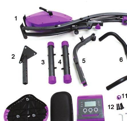 PARTS LIST 1. Main frame 2. Seat post 3. Rear foot 4. Front foot with rollers 5. Backrest support 6. Seat handles 7. Handlebars 8.