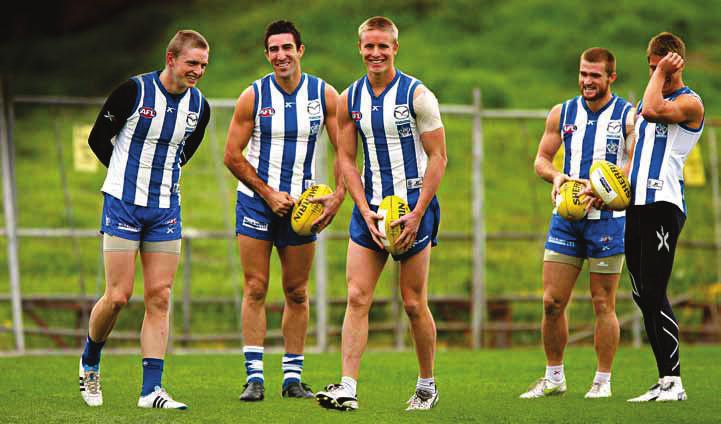 ROOS KICK ON: North Melbourne s (L-R) Jack Ziebell, Michael Firrito, Liam Anthony, Leigh Adams and Andrew Swallow get ready to work on their kicking.