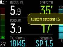 During a rebreather dive, you can also switch to a custom setpoint at any time. To change to a custom setpoint: 1. While diving in CCR mode, keep middle button pressed to enter main menu. 2.