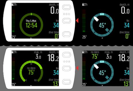 2. Getting started 2.1. Display states and views Suunto EON Steel has two main views in surface and dive states: time/no deco and compass. Change the view by pressing the middle button.