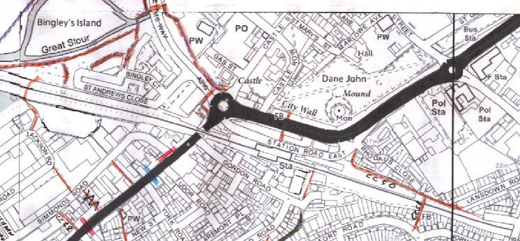 Getting to central Canterbury: Routes under Rheims Way and over Pin Hill There are three entry points, but not all useable or convenient for all categories 1 From Bingley Island, Bingley Court and St