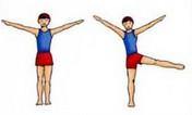 1) Pupils stand straight, legs together and arms extended to the side slightly above the shoulder.