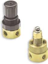 Air line equipment R Miniature Brass Body Regulator Water and Compressed Air Service 1/" and 1/" PTF Port Sizes Compact design, corrosion resistant construction Brass body with choice of plastic or