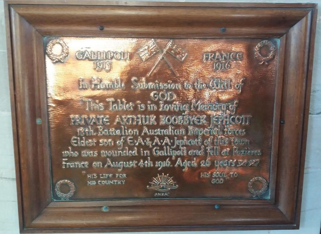 A Memorial Plaque for Private Arthur Boobbyer Jephcott is located inside St. Nicholas Church, Alcester, Warwickshire, England.