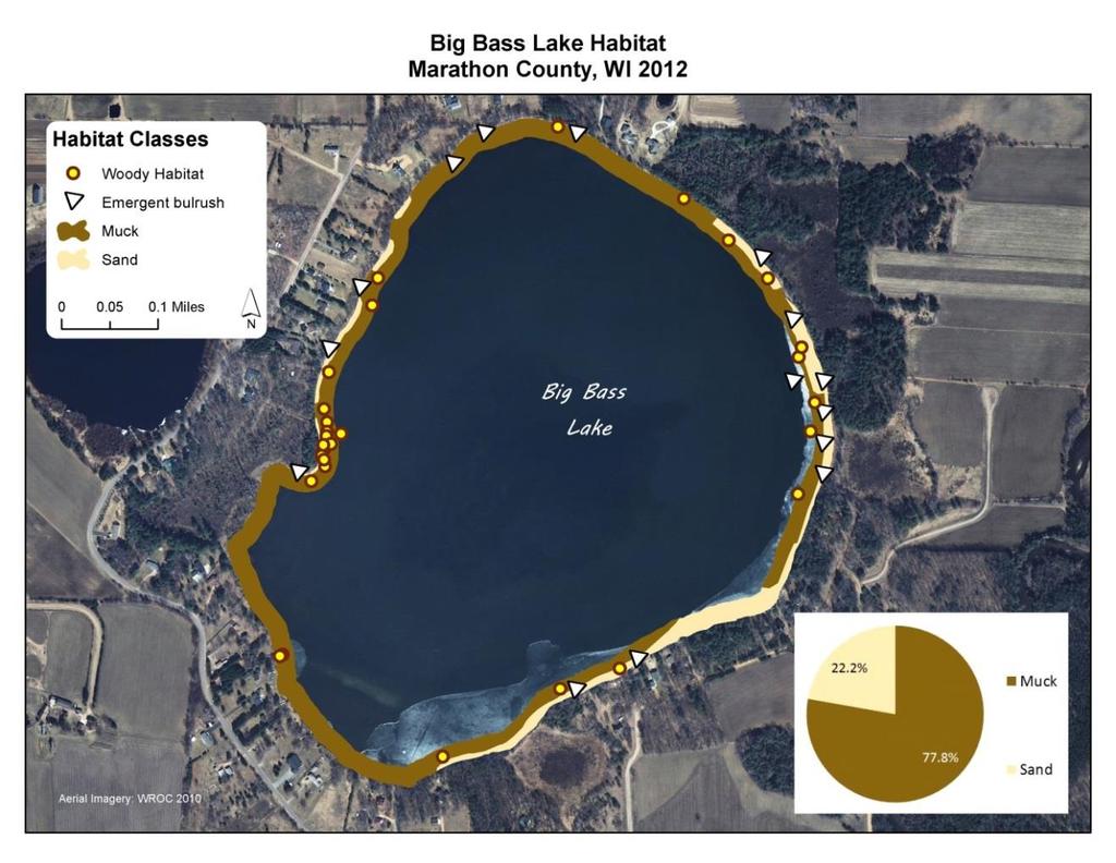 Big Bass Lake Fishery Habitat in and near the lake plays a major role in the composition of a fish community. Habitat is a combination of aquatic plants, woody structure and lake substrate.