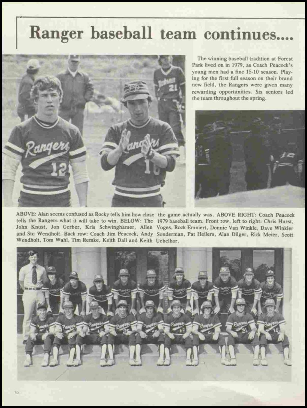 Ranger baseball team continues... The winning baseball tradition at Forest Park lived on in 1979, as Coach Peacock's young men had a fine 15-10 season.