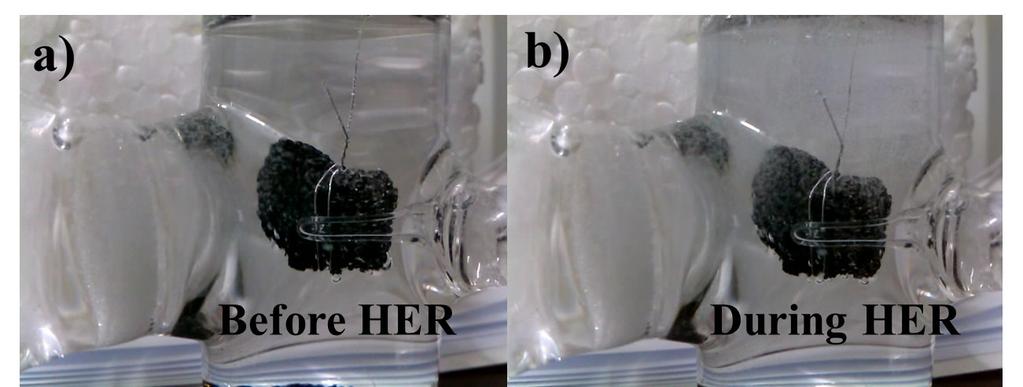 Fig. S13 Optical photos of 3D MoP-650 electrode in the solution (a) before HER (b) during HER. Fig. S14 (a) Linear sweep voltammetry (LSV) curves of 3D MoP-650 in 0.
