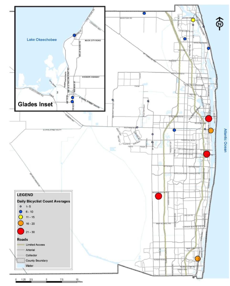 Identifying Count Locations Identifying Count Locations Figure 2. The map shows a sub-set of count locations in the Palm Beach MPO and observed daily averages for bicycle travel.