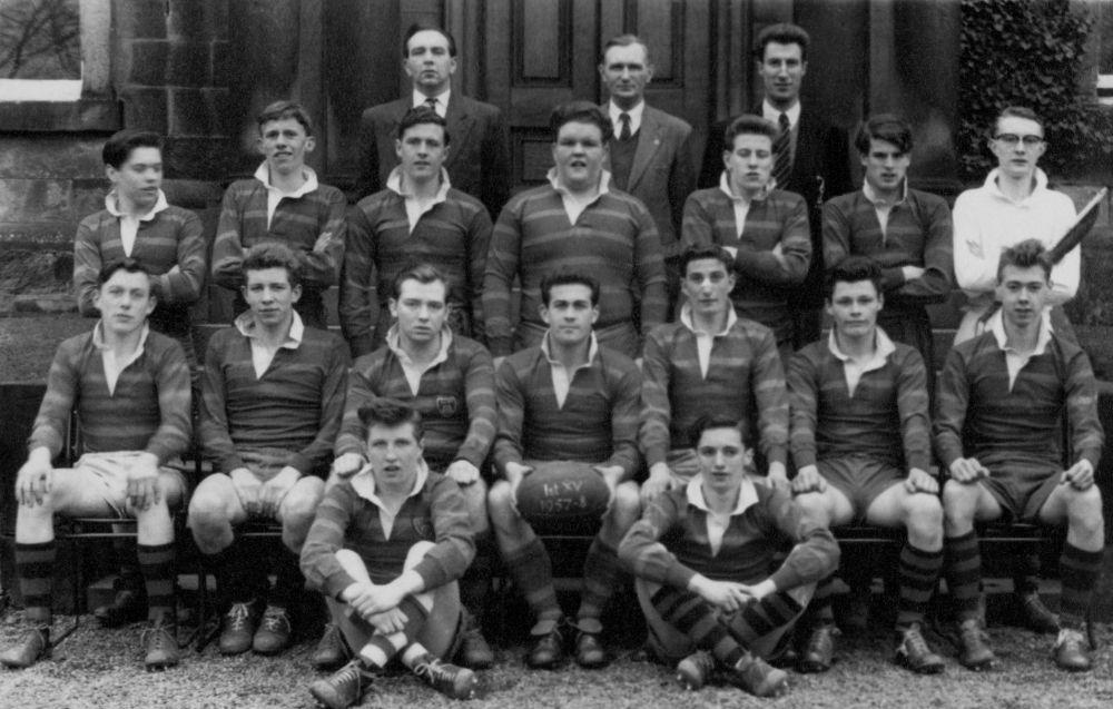 Rugby 1 st XV Sport 1957-58 Boys Back Row L-R: Mr. Taylor, Mr. Hamilton, Mr.