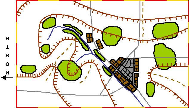 Terrain Notes The scenario is played on a 5' x 8' surface. Each division on the map edge represents 1' All woods are Cleared Woods. All slopes are Gentle. The Crest Lines block Line of Sight.