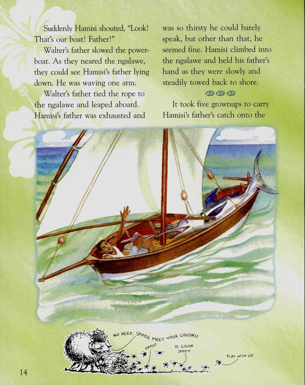 Suddenly Hamisi shouted, "Look! That's our boat! Eather!" Walter's father slowed the powerboat. As they neared the ngalawe, they could see Hamisi's father lying down. He was waving one arm.