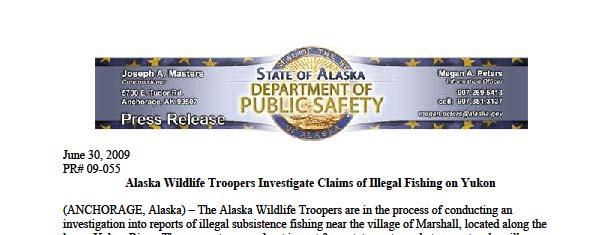 Alaska Wildlife Troopers: Begin Criminal Investigation Following Villager Reports of Illegal Fishing Alaska Wildlife Troopers Investigate Claims of Illegal