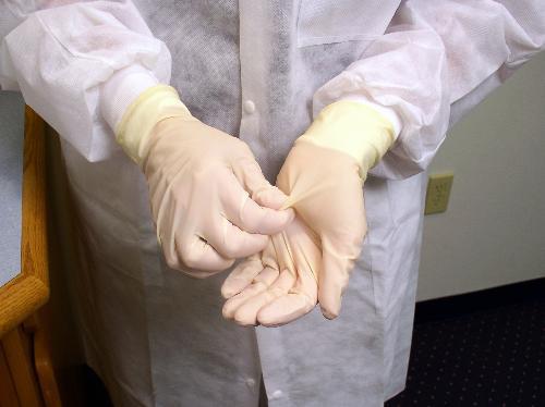 Latex, vinyl or nitrile gloves protect against potential lab hazards such as exposure to chemicals, sharp objects or blood born pathogens.