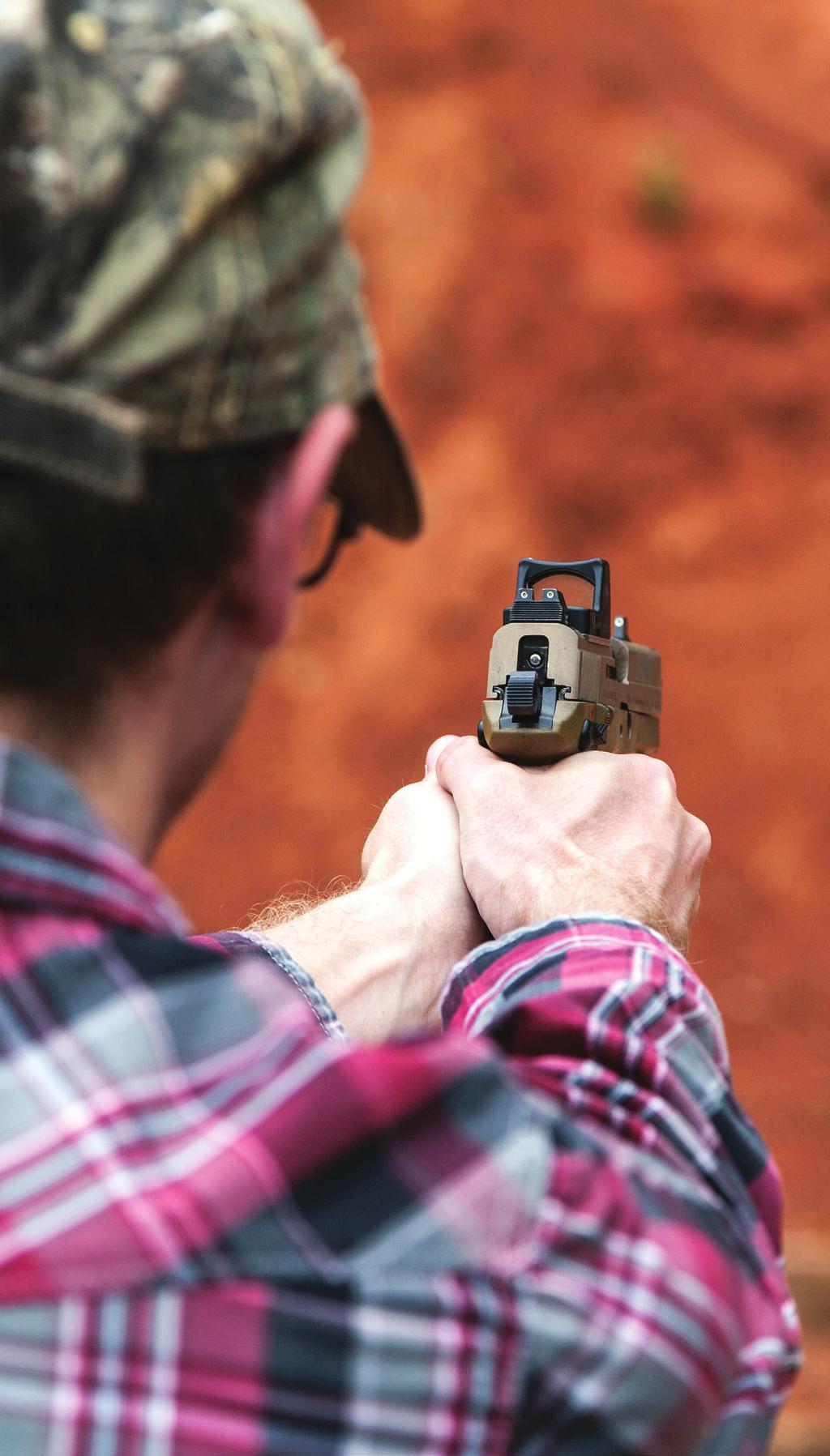 When shooting a shotgun at moving clay targets, always focus on the clay to account for movement.