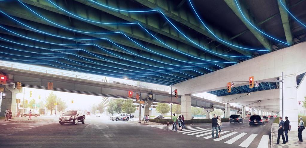 Improve Modified Gardiner rehab program with reduced lanes and standard shoulders Public realm improvements on Lake Shore & new cycling trail Reduction of turning
