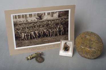 Pat Doherty Exhibits: b/w photograph of Officers and NCOs, C Company, Artists Rifels (sic) BEF, France, March 1917 ; Officers whistle, British War Medal, b/w photograph of S/Lt.