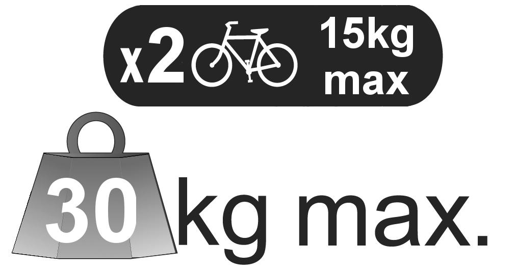 2 kg / Maximum permitted load on cycle carrier: 30 kg or 2 bicycles. (2 x 15kg ) This cycle carrier must not be used on vehicles other than those indicated in the vehicle application list.