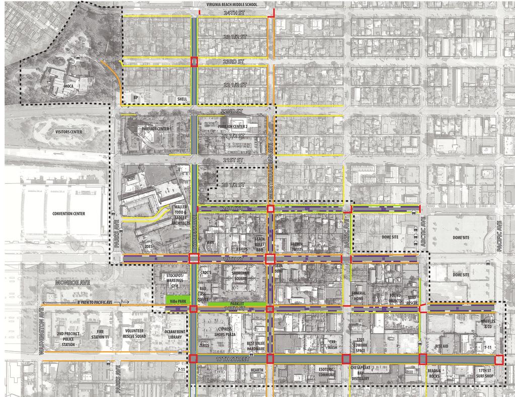 The major features of the Connectivity Vision Plan include: A continuous sidewalk network and accessibility upgrades Crosswalks on all legs of every intersection Additional street trees and