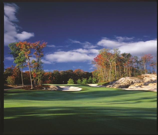 Utilizing the site s dynamic topography, the 6649-yard course is carved tight with narrow tree-lined fairways and sloping greens that wind through rock outcroppings, hardwood trees and rolling hills.