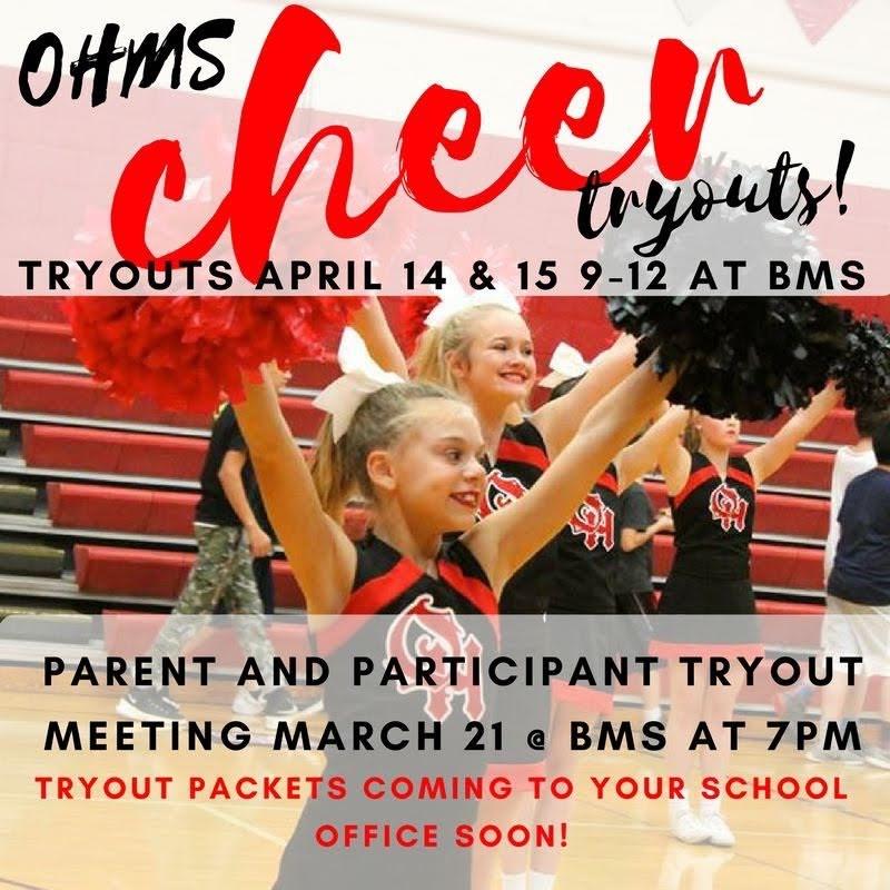 Oak Hills Middle School Cheer Tryouts Oak Hills Middle School Cheerleading tryouts will be held this year on April 14th and 15th for incoming 6-8 graders.